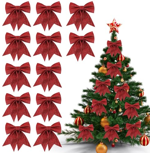 12 Pezzi Fiocchi per Albero di Natale Rosso, 15 x 12cm Fiocchi Natalizi Glitterati, Fiocchetti Rossi Albero di Natale, Nastro Fiocchetti Paillettes per Decorazione Natalizia Regalo per Festa