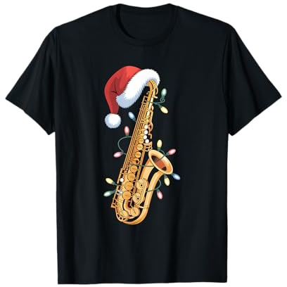 Chapeau de Père Noël Saxophone de Noël Lumières Jazz Musique T-Shirt