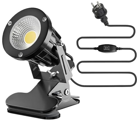 SKIKHN LED Spot à Pince, 7W Spot à Pince avec Câble 3m, Lampe à PinCe avec Étanche Interrupteur, IP65 Résistant, Blanc Chaud 3000K, pour L'Intérieur et l'Extérieur, pour Pelouse, Jardin, Cour, Jardin