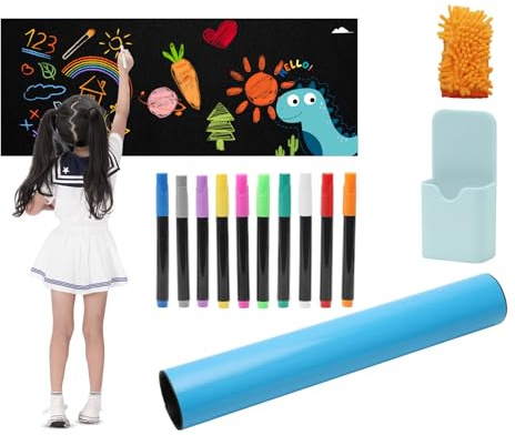 Magnetische Tafelfolie Selbstklebend Schwarz 120x43 cm, Magnetfolie Selbstklebend Schwarz, Abwischbar Kreidefolie, Magnettafel Folie mit 10 Stift, 1 Markerhalter, 1 Lappen, für Zuhause, Schule & Büro