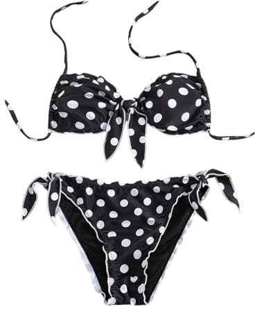 WDIRARA Women's Polka Dots 2 Piece Swimsuit Knot Front Halter Bikini Set Tie Side Bathing Suit Black and White Medium