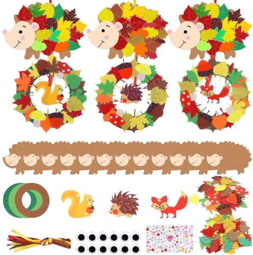 APLOS 12 Stück Herbst Igel Bastelsets Kreativsets,Herbst Kranz Igel Fuchs | Selbstklebendes Design, DIY, Herbst,Bastelset Kinder,für Thanksgiving, Herbstdeko, Kindergeburtstag Basteln Geschenk