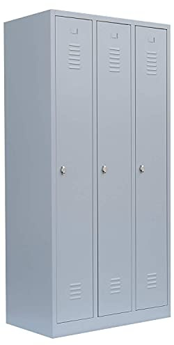Lüllmann 3er Spind grau 180x88,5x50cm (HxBxT) Kleiderspind Stahl | komplett montiert, Umkleide, Metallspind, Spindschrank für Personalräume, 510130