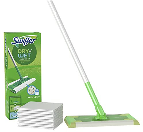 Swiffer Kit de Arranque para barrendero húmedo y seco, fregonas para Suelos, Incluye 1 Escoba de Suelo, 3 Almohadillas húmedas Swiffer, 7 recambios de Trapo seco,
