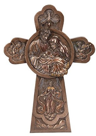 Religiöse Wandfigur Heiliges Familienkreuz, 23 cm, bronzefarben