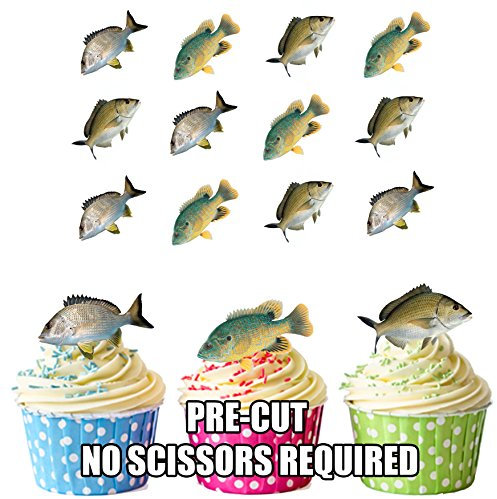 AK Giftshop PRE-CUT Fishing Bream - Edible Cupcake Toppers/Cake Decorations (Pack of 12)