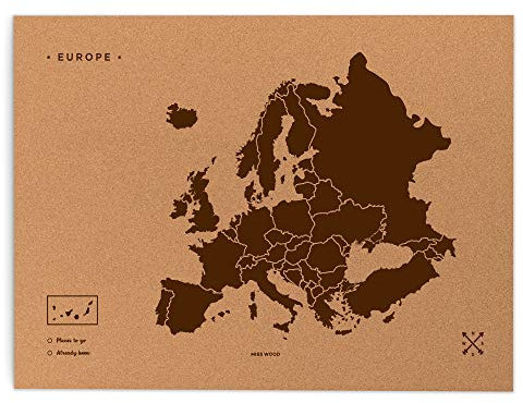 Miss Wood Europa Woody Map XL Weltkarte aus Kork mit europäischem Design, Braun, (60x90cm)