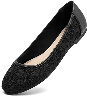 Greatonu - Bailarinas Planas de Novia Cerradas para Mujer, de Encaje, Negro con Forro,Talla 40 EU