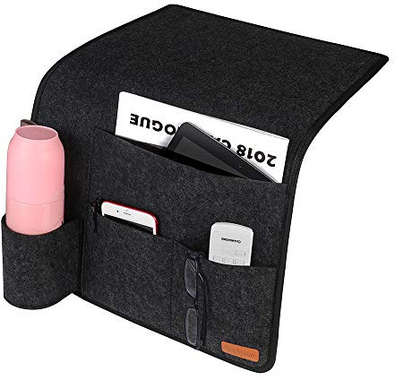 SIMBOOM Bolsa de Cama de Fieltro con Soporte para Botellas - Bolsa de Almacenamiento Antideslizante para Libros, Revistas, iPad, Teléfono Celular, Control Remoto - Gris Oscuro