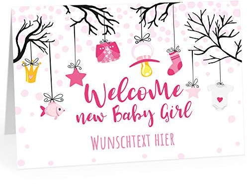 Große XXL Glückwunschkarte zur Geburt (DIN A4) PERSONALISIERT - Welcome Baby rosa englisch Willkommen Girl - mit Umschlag/Edle Design Klappkarte/Baby/Willkommen/Eltern/Extra Groß