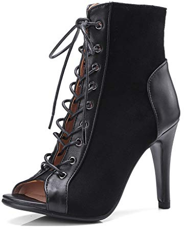 MIOKE Women's Peep Toe Dance Stilettos High Heels Sandals Fashion Sexy Lace Up Ladies Dress Pumps Ankle Booties Black 8 M US