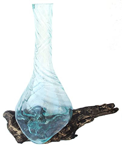 Ungewöhnliche Deko Glas-Vase Blumenvase XL Höhe: 55 cm, gedreht auf Treib-Holz extra große Vase mit Wurzeholz Dekovase Geschenkidee Einzelstück Unikat
