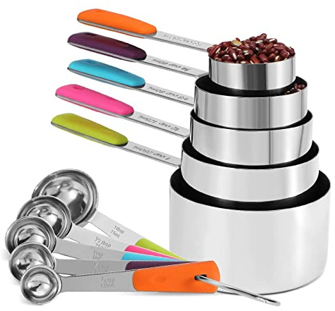 Bopei Measuring Cups and Spoons Set Stainless Steel 10 Piece for Cooking and Baking (5 Cups + 5 Spoons, Colorful Handles)