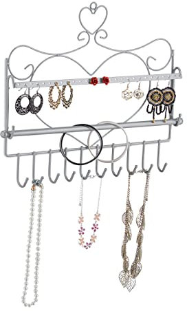 Relaxdays Wand Schmuckhalter, für Ketten, Ohrringe & Armbänder, Kettenhalter Herzform, HxBxT: 30 x 36,5 x 3,5 cm, silber