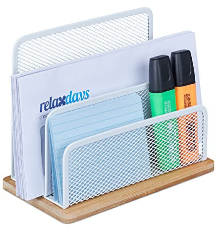 Relaxdays Briefhalter, Metall & Bambus, 3 Fächer, HBT: 15x18,5x10 cm, Schreibtisch Briefablage, Briefständer, weiß/natur