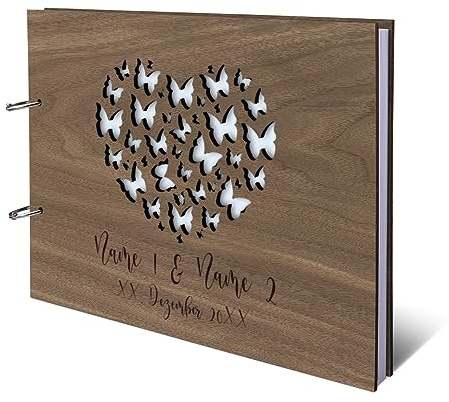 Personalisiertes Hochzeit Gästebuch echtes Holz DIN A4 Hochzeitsbuch mit Lasergravur - Schmetterling - mit 72 Blatt / 144 Seiten Naturpapier Weiß