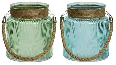 Decoris Windlicht Glas 13x15cm 2er Set mit Henkel Gerillt Teelichthalter Kerzenhalter Teelichtgläser Hängend