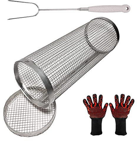 BBQ Rolling Grill Basket, Stainless Steel Wire Mesh Cylinder Grill Basket with Grill Gloves and Grill Fork for French Fries, Fish, Versatile(Size:Large,Color:1 Pcs) (1 Pcs S)