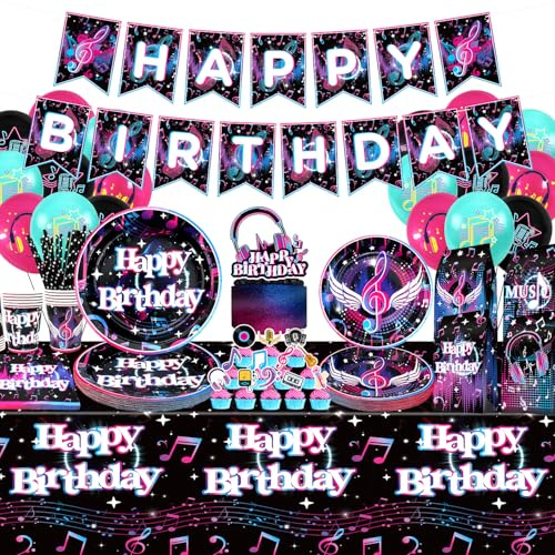 Ywediim Music Party Supplies, Includes Happy Birthday Banners, Plates, Cups, Napkins, Straws, Gift Bags, Note Foil, Tablecloth, for 80s 90s Disco Music Theme Men Women Birthday Party Decoration