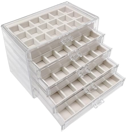 Joyero, organizador de joyas, organizador de almacenamiento de aretes, 5 niveles, 90 compartimentos pequeños, apilables, terciopelo + organizador de cajones acrílicos, cajas y organizadores para