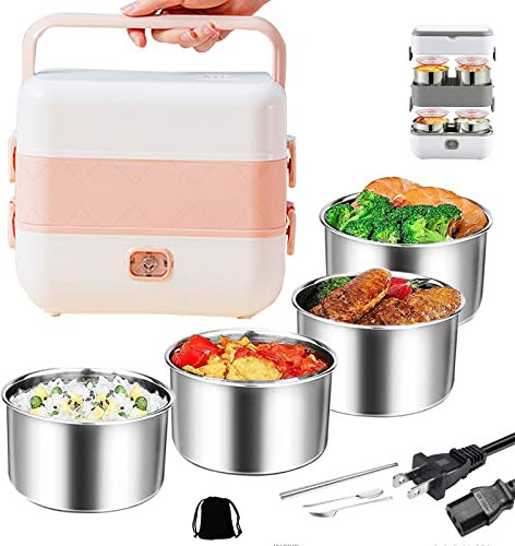 Fiambrera eléctrica, 1/2 capas, 200 W, fiambreras calentadas para adultos, 2 l, lonchera portátil para microondas, acero inoxidable 304 con accesorios para almuerzo para adultos, rosa de una sola cap