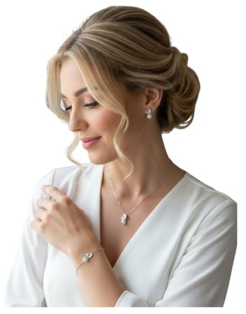 ONDEGO® 925 Silber Schmuckset Damen Perlen Blätter Halskette Ohrringe Armband Zirkonia Strass Brautschmuck Hochzeit Kommunion