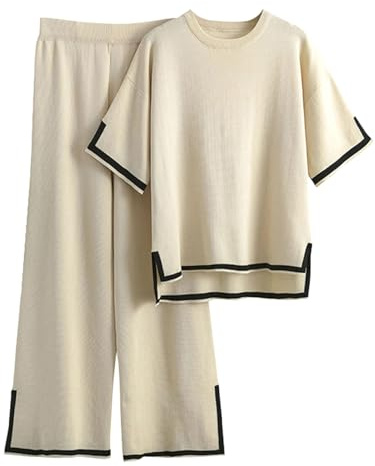 Famulily 2 Piece Tracksuit Sets Women Solid Short Sleeve Top And Wide Leg Long Pants BegieS