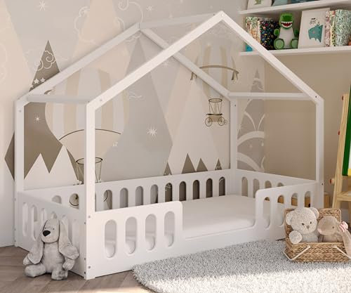 Janne 2en1 Lit au Sol Lit Maison pour Enfants 90x200 cm Blanc, Barrière de sécurité Amovible, Design Montessori, Transformable, Bois Massif, sommier Inclus