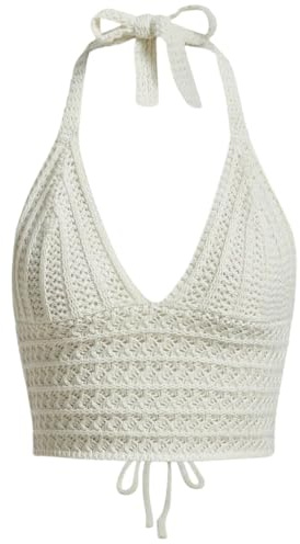 Naileksi Damen-Neckholder-Top mit Schnürung, rückenfrei, gehäkelt, Y2K, schmale Passform, ärmellos, V-Ausschnitt, selbstbindend, Bauchfreies Cami-Top, Beige, Klein