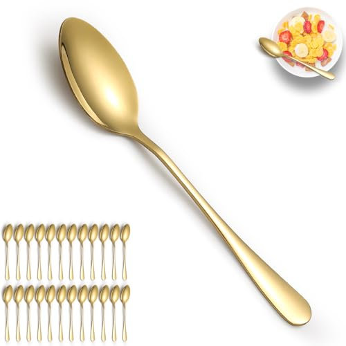 Cucchiai da tavola ReaNea Gold 24 pezzi, cucchiaio da tavola placcato in oro titanio in acciaio inossidabile, cucchiai da minestra, uso per casa, ristorante, matrimonio, feste, eventi, Christmax