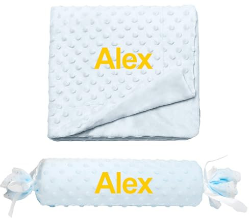 various Set de Manta de Topitos y Cojín de Caramelo Personalizado con Nombre del Bebé Bordado, Regalos para recién Nacidos,Ideal para Cuna, Mini Cuna y Carro de bebé.Regalos Originales Baby Shower