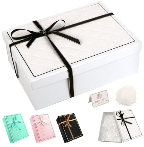 White Gift Box with Lids Large Gift Boxes for Presents Textured, Foldable Present Container with Card, Shredded Paper, Ribbon 25x18x8.8cm Empty Boxes for Valentine's Day Birthdays, Weddings