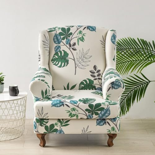 Chickwin Copripoltrona con Orecchie, Copripoltrona 1 Posto Antiscivolo, Stampa Botanica 2 Pezzi Copri Poltrona con Braccioli, Copri Poltrona Lavabile (Monstera Deliziosa)