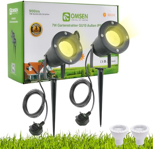 OMSEN Garden Spotlights Mains Powered GU10 7 W Warm White 3000K, Replaceable GU10 Bulbs, Aluminium, Waterproof IP67, Outdoor Spike Spotlight for Garden, Courtyard, Plants, Tree, Flower, Fence, Pathway
