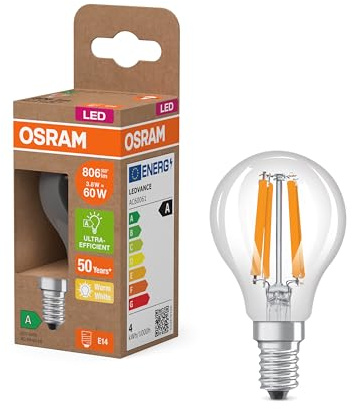 Osram Energy Class LED-Lampe in klassischer Miniballform, 3.8 W / 806 lm, EEK A, warmweißes Licht (2700 K), CRI 80, aus klarfarbenem bleifreiem Glas, E14 Sockel, IP20, 45 mm DM,6-Pack