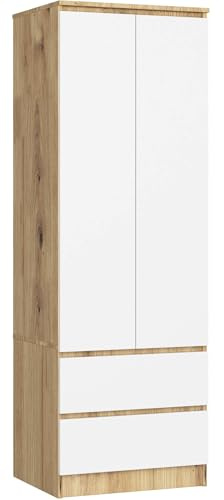AKORD Kleiderschrank Star S | Zweitürig S 60 cm | 2 Schubladen mit Regalen und Einer Kleiderstange | für Kleiderschränke Schlafzimmer | laminierte Platte 16 mm | Artisan Eiche & Weiß Front
