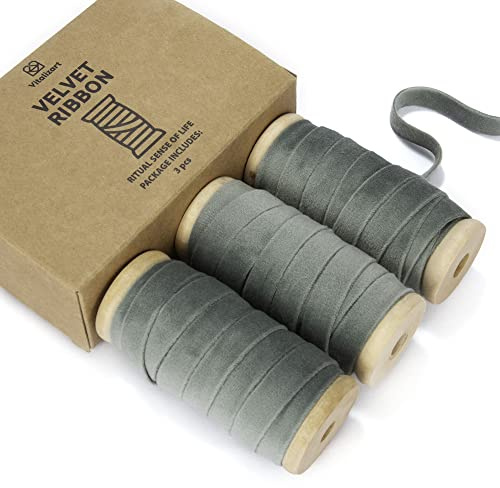 Vitalizart Dusty Green sammetsband set 3/8 tum x 5 år x 3 rullar, träspole, tygtrim för julkrans dekoration, handgjorda hantverk, prydnader, presentförpackning och rosett tillverkning