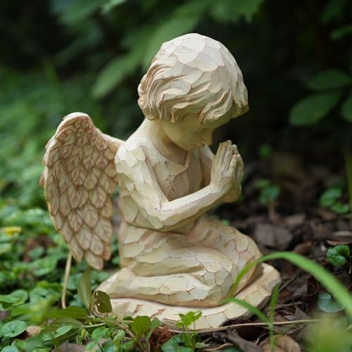 hvfun Betende Engelstatue aus Kunstharz – handgefertigte Figur für Heimdekoration und Gedenkgeschenke, exquisiter holzgeschnitzter Look (betender Engel)