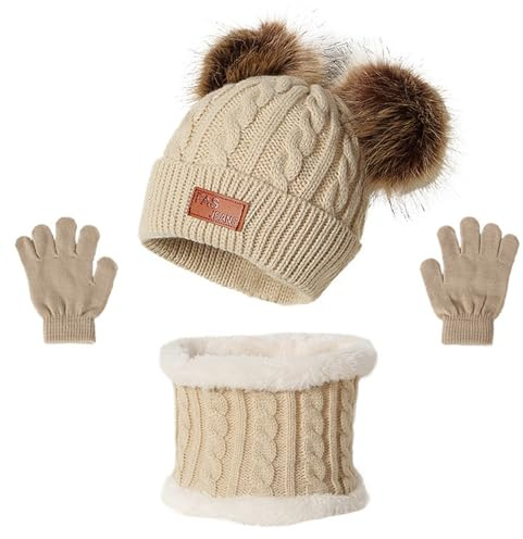CHENKEE Kinder Wintermütze Schal Handschuhe Set, 3 Stück Winter Beanie Hut Schal Handschuhe Set Baby Mütze Beanie Mütze Mädchen Strickmütze für Kinder 3-8 Jahre