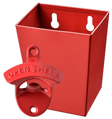 Jumiok Red Wall Mount Bottle Opener and Cap Catcher with Drain Opening Stainless Post Mounted Beer Opener and Top Collector for Holiday Gifts