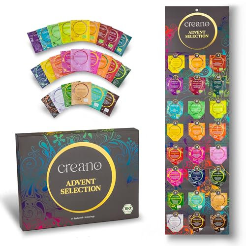 Creano Bio Tee Adventskalender - Tee Geschenkset - 24 Teebeutel in 24 herrlichen Sorten - bestehend aus Kräutertee, Früchtetee, Gewürztee & echte Teemischungen