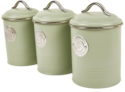 WiseAccordio Set of 3 Sage Ribbed Canister Kitchen Canisters Tea Coffee Sugar Canisters with Air Tight Lid, Kitchen Storage Jars Set,Vintage Metal Storage Jars with Lids