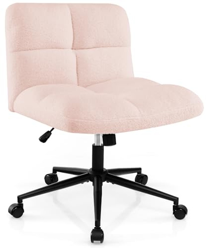 COSTWAY Skräddarstol med hjul, snurrstol utan armstöd, skrivbordsstol med bred sits, kontorsstol, sminkstol, höjdjusterbar, gungfunktion, modern (rosa)