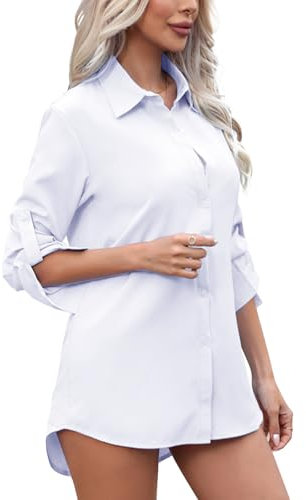 White Shirts for Women Button Down Oversized Womens Shirts Long Sleeve Ladies White Shirt Business Longline Casual Blouse Top (L)
