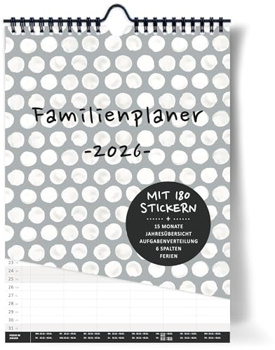 XXL Familienplaner 2026 6 Spalten Wandkalender | DIN A3 I Zum Aufhängen in der Küche |Familienkalender & Sticker, Ferientermine, Jahresübersicht, extra Seite für Urlaubsplanung…