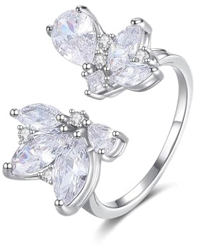 Tolldek Bague de mariage, or blanc 18 carats 750, moissanite, papillon taille marquise, bague de fiançailles en or 18 carats, bijou véritable, 54 (17,2)