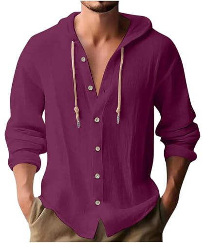 UHouse Chemise Homme Lin Manches Longues à Capuche Décontracté Chemisette Oversize Haut Coton Respirant Vetement Fin Cut Leger Grande Taille Habit Ample Casaul Chemises Bordeaux XL