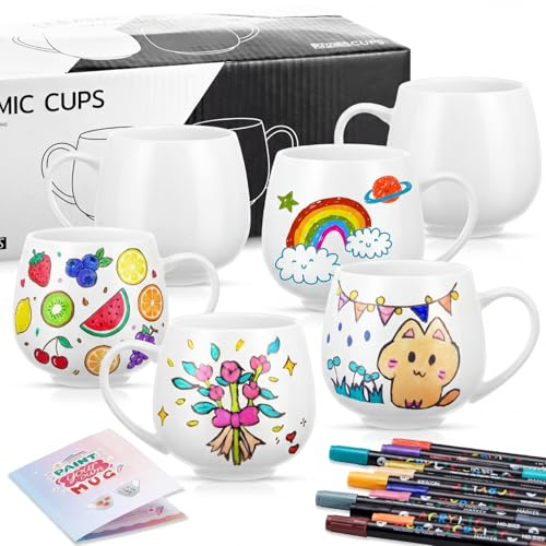 Geiserailie 6er Keramiktassen Bemalen Set Ostergeschenke DIY Tassen Malset Bastelset Mit Keramiktassen Marker Stift Mit 48 Farben Mit Doppelspitze Für Ostern Geburtstag Neujahr Paare Mädelsabend