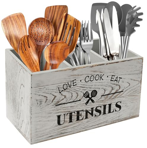 JEJUWE Kitchen Utensil Holder Wooden Cooking Utensil Organizer with 3 Compartment and Drainage Bottom to keep dry Cutlery Holder for Forks Spoons Cutters Countertop Farmhouse(grey)