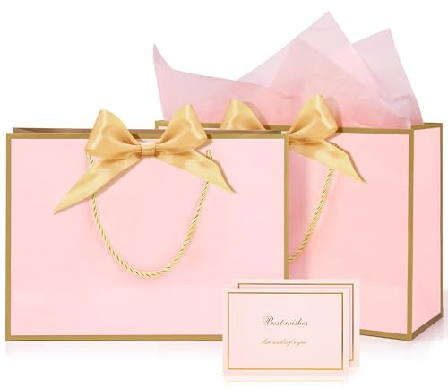 Bolsa de regalo rosa mediana, 2 bolsas de regalo con 4 papel de seda y 2 tarjetas, bolsas de papel con asas, regalo de cumpleaños para niñas San Valentín, dama de honor